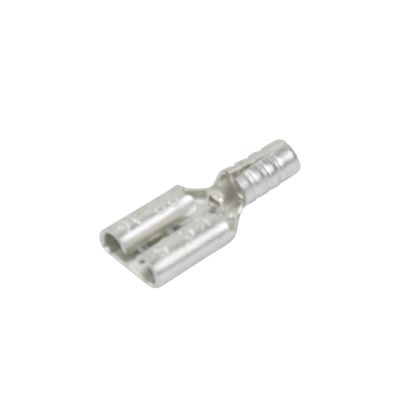 Female non-insulated push-on terminal, silver color, featuring grooves and slots for secure electrical connections.