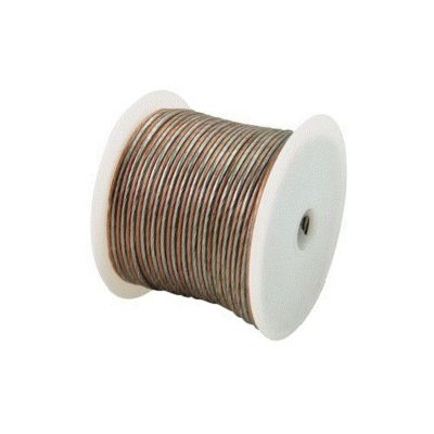 Clear speaker wire on a spool, featuring durable construction, ideal for audio connections in home or professional setups.