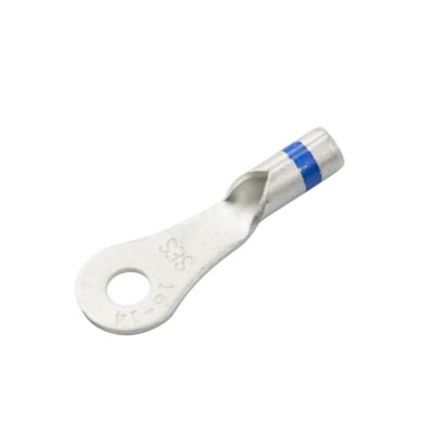 Non-insulated long neck ring terminal with a 6 stud and silver finish, suitable for 16-14 gauge wiring.