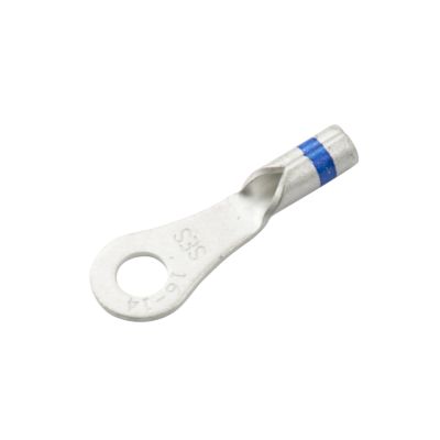 Non-insulated long neck ring terminal for 8 stud, 16-14 gauge wiring, with a durable metal design and blue stripe.