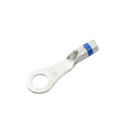 Non-insulated long neck ring terminal with 10 stud hole and metallic finish, suitable for 16-14 gauge wire connections.