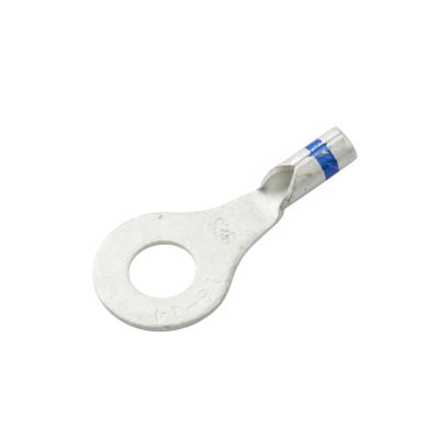 Non-insulated long neck ring terminal with a circular opening and extended neck design for secure connections.