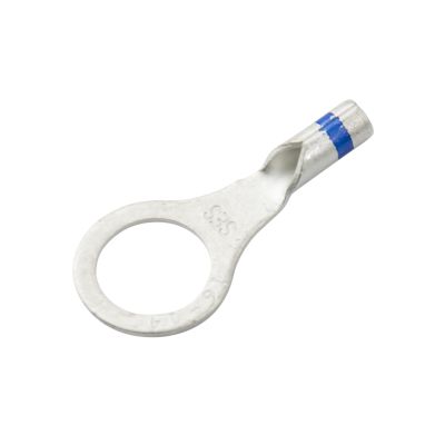 Non-insulated long neck ring terminal with a polished finish, designed for a 3/8" stud, compatible with 16-14 gauge wire.