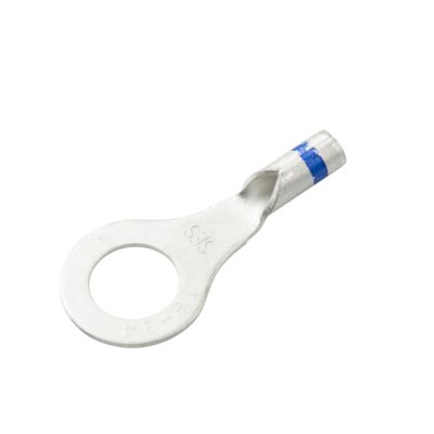 Non-insulated long neck ring terminal with circular base and metal finish. Ideal for electrical applications.