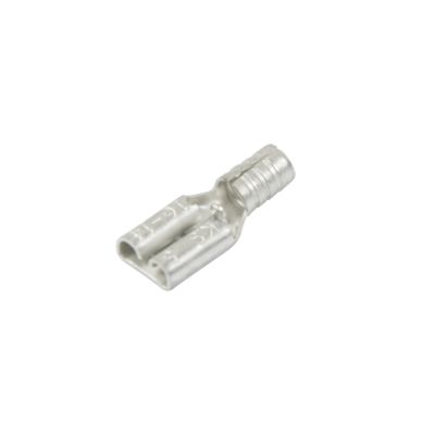 Female non-insulated push-on terminal for 16-14 gauge wire, showcasing its sleek metal design and connection interface.