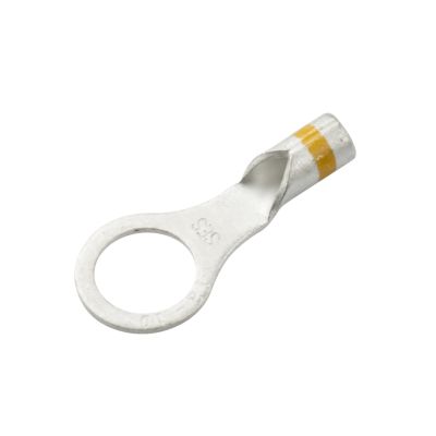 Non-insulated long neck ring terminal with circular design and metal finish, compatible with 12-10 gauge wiring.