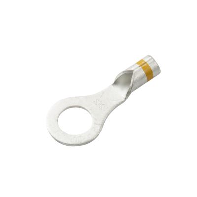 Non-insulated long neck ring terminal for electrical connections on a white background, model WTU-110-516LC.