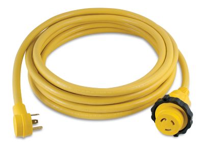 Yellow RV locking power cordset with plugs, coiled in a circular arrangement.