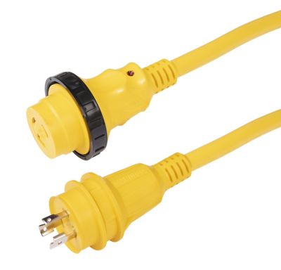 Yellow marine power cord set with secure connections, featuring 30 amp capacity for reliable electrical performance.