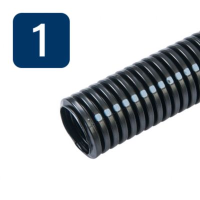 Black corrugated high-temp non-split loom tube with a blue number one icon on a white background.