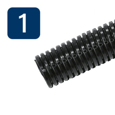 Black nylon slotted loom with coiled design, featuring flexible ribbed exterior. Blue square with white number one beside it.