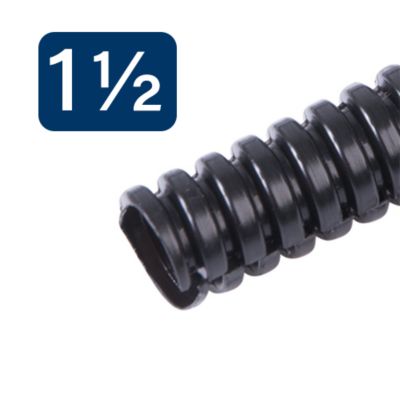 Black standard split loom tubing with smooth, ribbed texture, displaying flexibility and protective features.