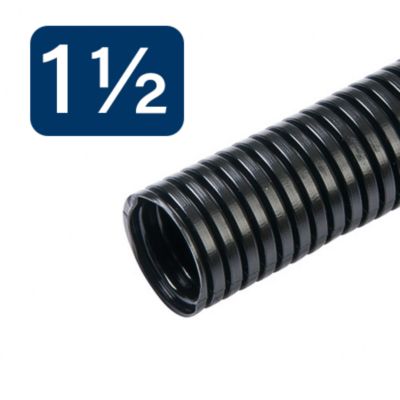 Black corrugated protective tubing for cable management, featuring a curved, flexible design and a label indicating size.
