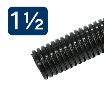 Black slotted loom tubing with a ridged texture, perfect for organizing and protecting wires, shown with size indication.