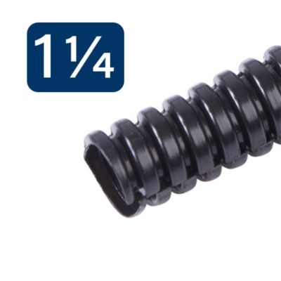Black standard split loom tubing with corrugated texture, ideal for wire organization and protection.
