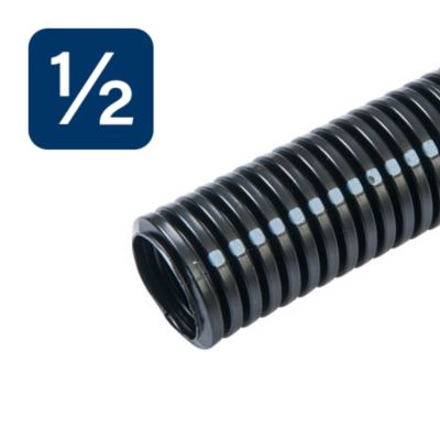 High-temp non-split loom in black with ribbed texture ideal for protecting and organizing cables, featuring size indicator.
