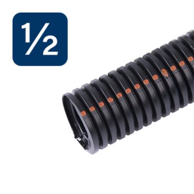 UV resistant high-temp split loom tubing with measurement icon, featuring ridged flexible design for cable protection.
