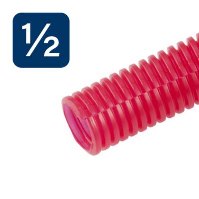 Red split wire loom with a corrugated texture, highlighting its flexibility and protective features for wire organization.
