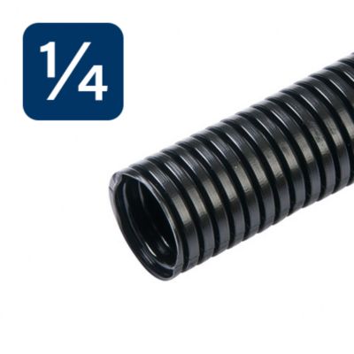Black non-split loom tube with ridged design, used for wire protection, displayed next to a blue icon with a fraction.