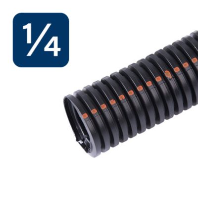 UV resistant high-temp split loom, black with ribbed texture, cut section showing flexibility and durability icon.