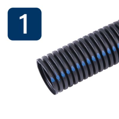 Black flame retardant split loom tubing with corrugated texture and blue markings, ideal for wire management and protection.