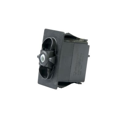 Black Carling Technologies rocker switch, SPST On-None-Off, displayed from the side, highlighting its robust design.