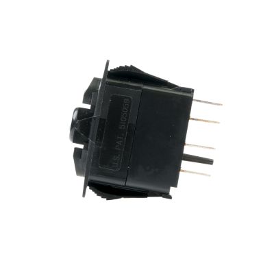Carling Contura V-Series SPDT Rocker Switch, side view showing pins and design details against white background.