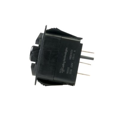 Carling Contura V-Series SPDT Rocker Switch, black housing, side pronged terminals, shown in profile view.