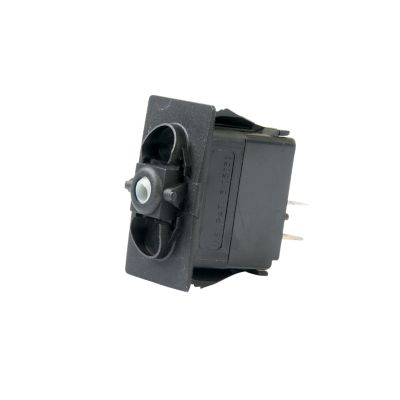 Rocker switch, Carling Technologies, DPST, (On)-None-Off, black design, showing front and side views with terminal connectors.