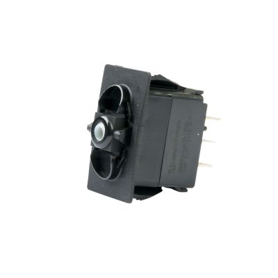 Black Carling Technologies rocker switch, DPDT, On-None-On configuration, no lamp, side view showing pins and switch design.