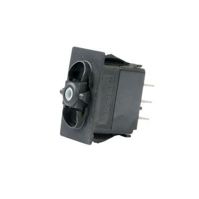 Black rocker switch, DPDT on-off-on configuration, with metal prongs, by Carling Technologies.