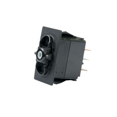 Carling Technologies rocker switch, DPDT, on-off-on, black design, no lamp, side view showcasing connectors.