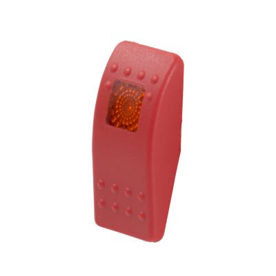 Red rocker switch with Contura II actuator, amber lens, and hard plastic texture for Carling Technologies.