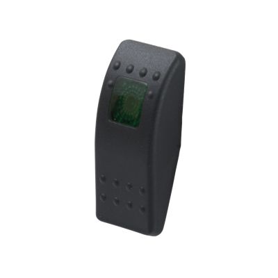 Black rocker switch with a textured Contura II actuator and green lens, featuring a durable hard plastic design.