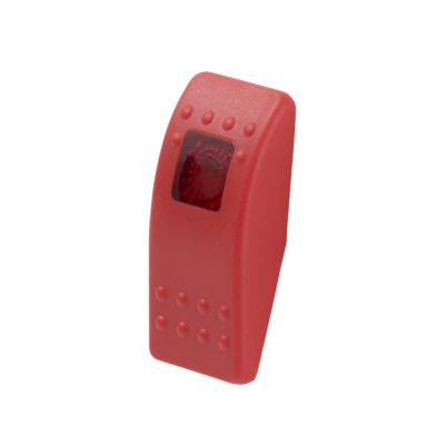 Red rocker switch with textured Contura II actuator and red lens by Carling Technologies.