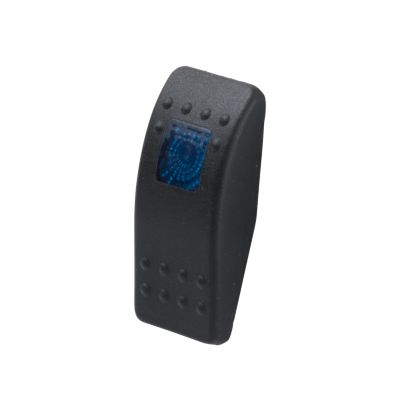 Black rocker switch with Contura II actuator and a blue lens design.