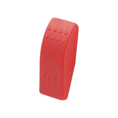 Red rocker switch, Contura II actuator, made of soft plastic, textured surface, lacks lens, from Carling Technologies.