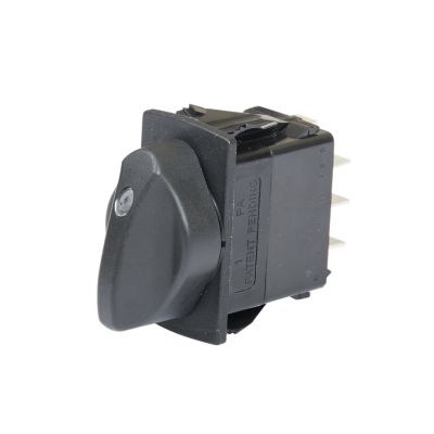 Rotary switch by Carling Technologies with black knob, featuring a dependent red LED and multiple connection points.