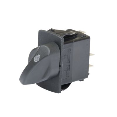 Rotary switch with black housing, featuring DPDT ON-OFF-ON function and two integrated red LEDs for 12V systems.