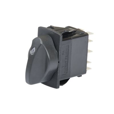 Rotary switch, DPDT, Carling Technologies, with red LED lights, shown in a black casing and featuring multiple terminals.