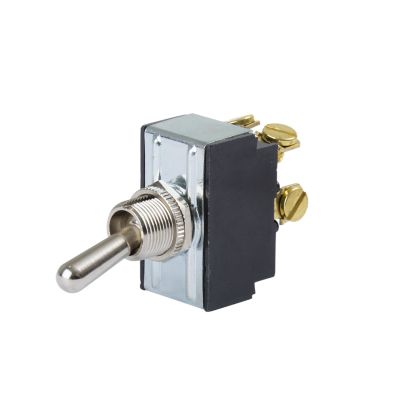 Toggle switch by Carling Technologies, showcasing a DPST On-Off design with metallic components and visible screw terminals.