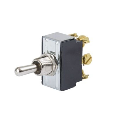 Toggle switch, DPDT, with metal lever and gold terminals, side view.