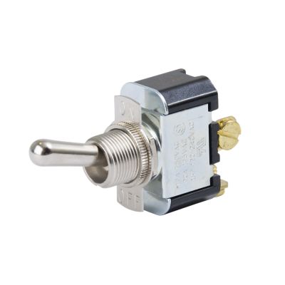 Toggle switch with metal lever and clear On-Off markings, featuring a robust SPST design and visible screw terminals.