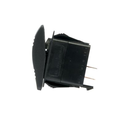 Carling Contura III SPST rocker switch, non-illuminated, side view featuring black casing and prongs.