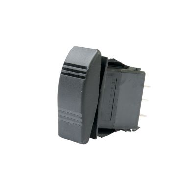 DPDT rocker switch by Carling Technologies in black, showcasing a non-lit design with multiple connector pins.