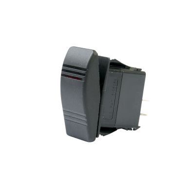 Black rocker switch, SPST on-off, with a sleek design and integrated 12V incandescent lighting element.