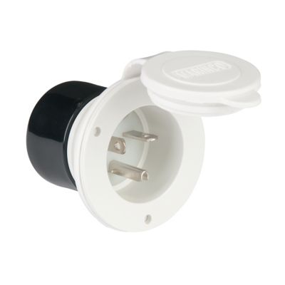 White RV inlet with two metal prongs, featuring a protective cap, designed for 125V, 20 Amp power connection.