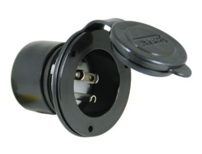 Black RV power inlet with a protective flip cover, designed for 20 Amp, 125V connections.