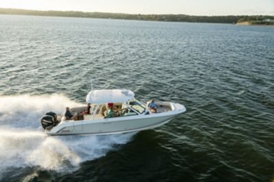 Family on Boston Whaler 210 Vantage Dual Console Boat, Starboard Running View, Boat Underway