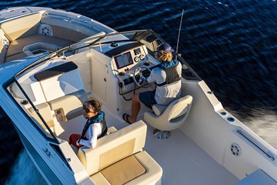 Couple in Cockpit of Boston Whaler 210 Vantage Dual Console Boat, Overhead View